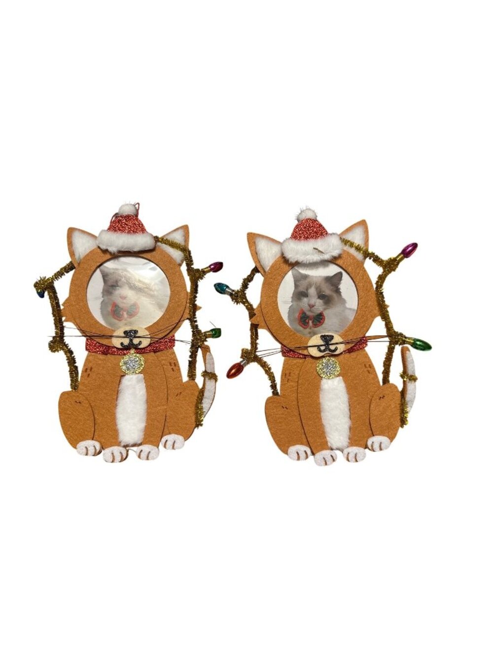 Cat-Shaped Christmas Felt Ornament Frame With Santa Hat & String Lights